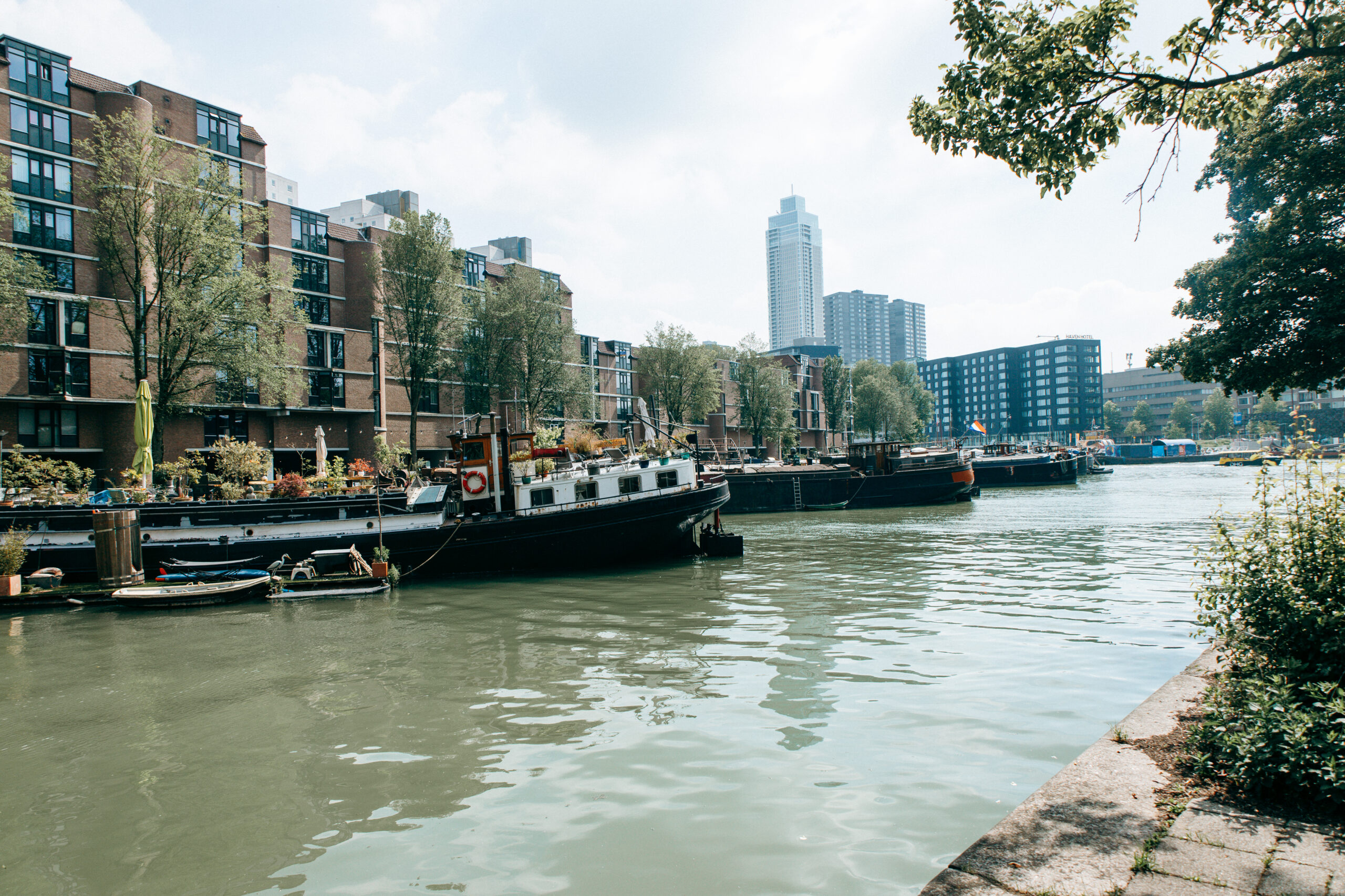 Hausboote am Rederijhaven in Rotterdam mit Skyline